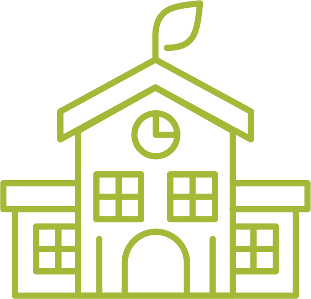 Green line drawing icon of a school with four windows, a clock and door, and a leaf coming up center on the roof.