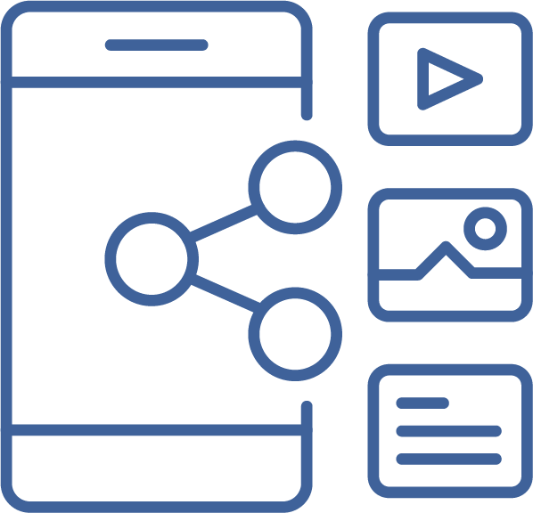 Green line drawing icon of a cell phone with the "share" symbol connected to three smaller icons representing; video, image, text.